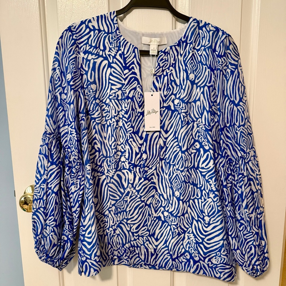Lilly Pulitzer Blue & White Printed Long Sleeve Blouse NWT